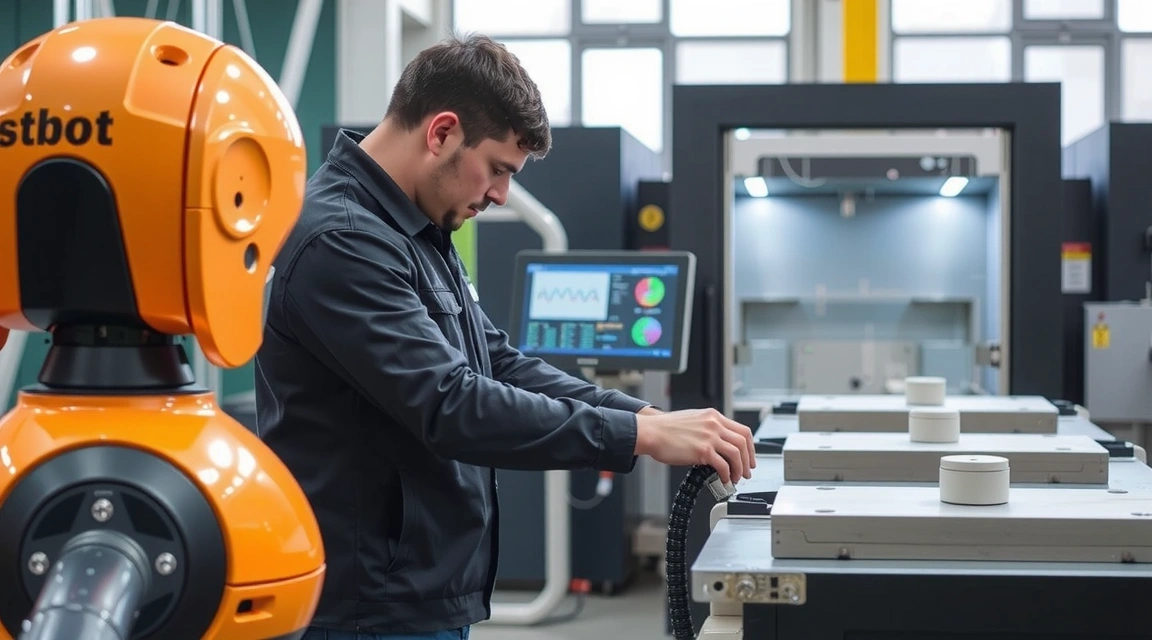 Un cobot (robot collaborativo) che assiste un ingegnere italiano nella linea di produzione di un'azienda manifatturiera, con schermi di controllo che mostrano dati in tempo reale.