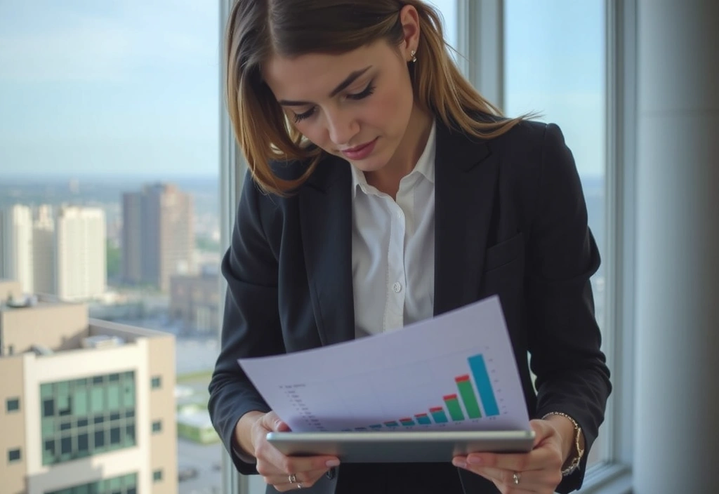 Donna d'affari che esamina documenti finanziari