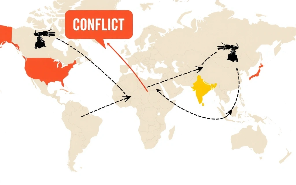 Mappa del mondo con aree di conflitto evidenziate e frecce che indicano le tensioni geopolitiche