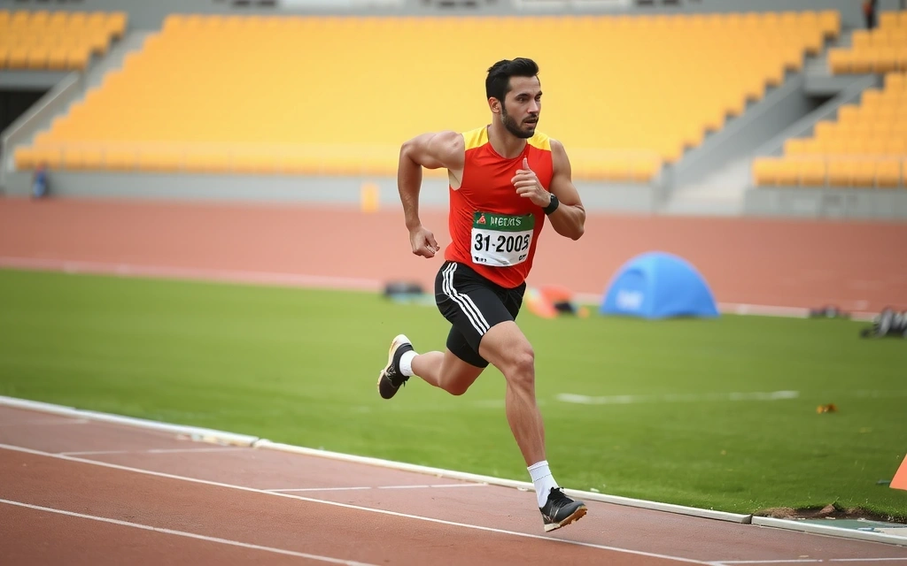 Un atleta che corre su una pista di atletica, con effetto di movimento