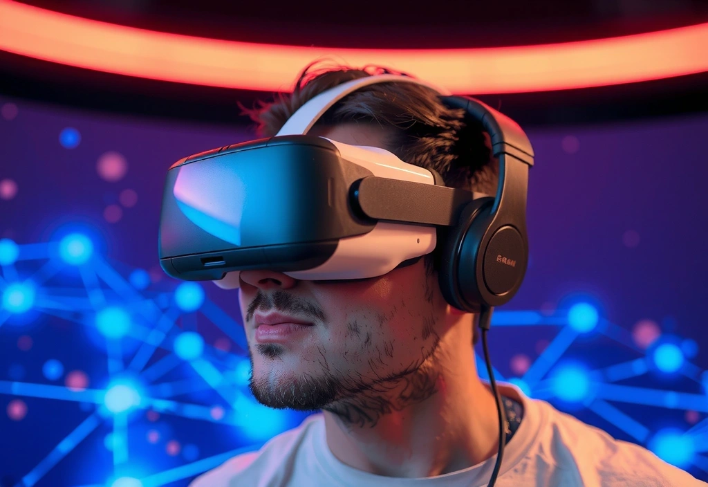 Persona che indossa un visore VR in un ambiente virtuale