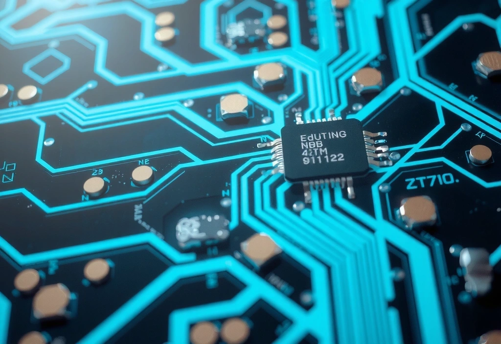 Immagine di un circuito stampato con luce blu